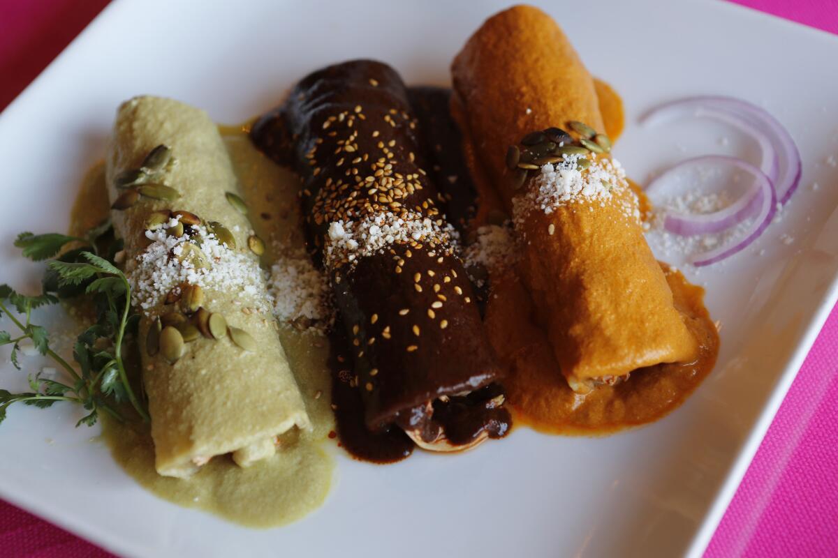 La Casita Mexicana signature dishes Enchiladas Tres MolesEnmoladasChiles en Nogada﻿﻿﻿﻿